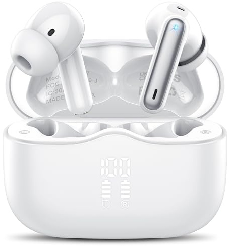 Auriculares Inalambricos Bluetooth, Auriculares Bluetooth 5.4 con ENC Reducción de Ruido, 40H HiFi Estéreo Cascos Inalambricos Bluetooth con 4 HD Mic, Pantalla LED, IP7 Impermeablem Cascos, Blanco