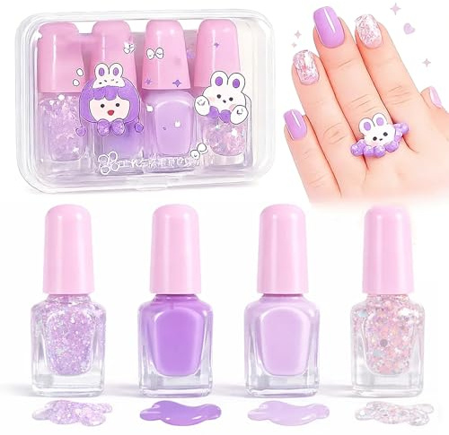 Set de 4 Pintauñas Infantil al Agua Peel Off, Esmalte con Brillantina de Secado Rápido, Lavable, Kit de Uñas Color Morado y Lila, Regalo de Cumpleaños