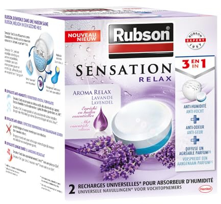 Rubson Sensation Relax Recharges universelles pour absorbeur d'humidité parfum lavande (2 x 300 g) – Recharges 3 en 1 anti-humidité, anti-odeur et agréable parfum