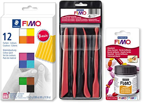 Staedtler FIMO SOFT Colour Pack 12x25g 12 Farben + Werkzeuge Set + Glanzlack zum konservieren und verschönern (Starter Set)
