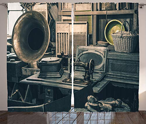 ABAKUHAUS Antiquität Rustikaler Vorhang, Altes Speicher-Grammophon, Wohnzimmer Universalband Gardinen mit Schlaufen und Haken, 280 x 175 cm, Sepia