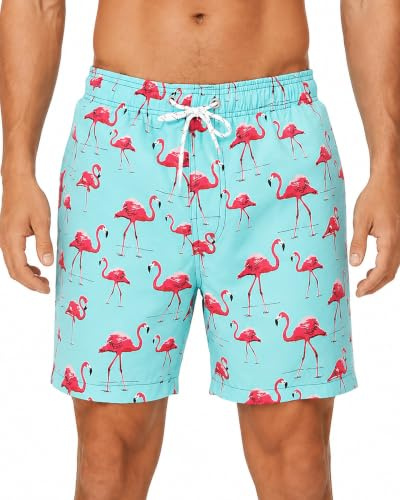 HLVEXH Herr Hawaiian Beach Shorts Badbyxor Snabbtork Baddräkter med nätfoder Grön Rosa Flamingo 2XL