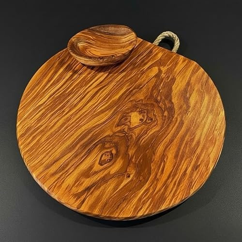 What the Art!® Olive Wood «Soleil» Gr. L | Olivenholz Schneidebrett inkl. Dip-Schälchen | Handarbeit | 25 x 25 x 2 cm | Käsebrett - Hackbrett - Tranchierbrett - Servierbrett
