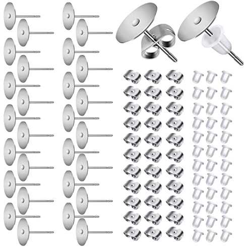 TOAOB 300 Pezzi Orecchini Perni Piatto Basi in Acciaio Inossidabile 10 mm e Ferma Orecchino Farfalla e Trasparente Gomma Backs Support per Creazione Gioielli Fai da Te