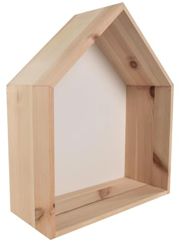 WooDeeDoo House Shaped Wooden Display Shelf 27 x 12 x 32 cm Wall Mounted Pine Storage Box with White Back Panel Unfinished Plain Wood for Painting Staining Kids Room Ornament Décor