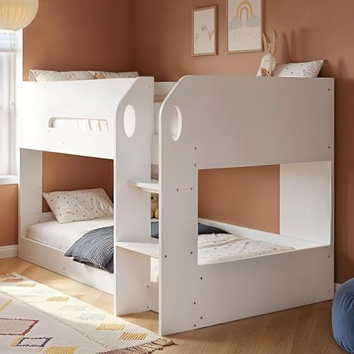 Flair Furnishings - Double Bunk Bed, Low Bunk Bed for Kids, Heavy Duty Wooden Frame with Scandi Aesthetics, Secure Ladder for Easy Access, Sleek and Stylish (White)