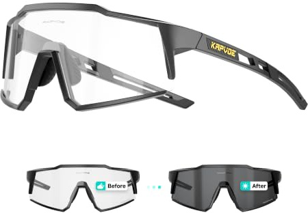 KAPVOE Selbsttönende Fahrradbrille UV400 TR90 Herren Damen K9022 | Klar zu Schwarz photochromatisch CAT.0-CAT.2, UV400 Wraparound, leichter TR90 Rahmen