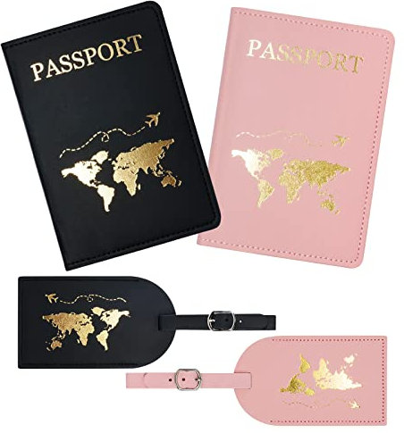 flintronic 4 Stück Reisepasshüllen und Gepäckanhänger, Gepäcketiketten + Reisepasshülle, Leder Reisezubehör Identifikationsanhänger & Kartenetuis für Paare Hochzeitsreise Geschenk