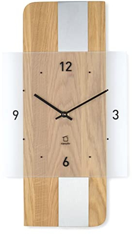 Natuhr Holz Metall Glas Wanduhr - Fusion - präzises Funk-Uhrwerk plastikfrei verpackt (Eiche geölt/Edelstahl Auflage)