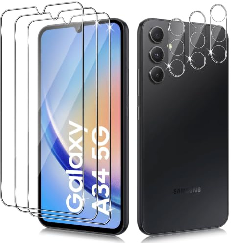 LiiLaa Schutzfolie für Samsung Galaxy A34 5G, 3 Stück Gehärtete Glas Schutz Folie mit 3 Stück Kameraschutz, 9H displayschutz Ultra-klar Schutzglas