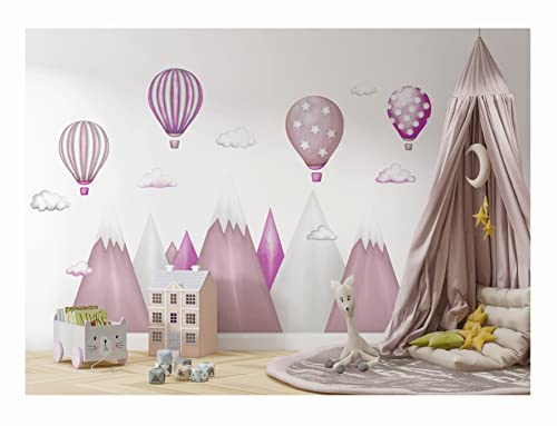 wandtattoo kinderzimmer berge Nordic Bergen Aufkleber Wandaufkleber Kind Baby Kindergarten Zimmer Gebirge luftballons Ballons Ballon Wolken Wolke Landschaft Wanddeko Baby Kinder Rosa 247cm x 166cm XXL