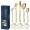 Aoresac Lot de 20 couverts en acier inoxydable poli avec miroir de fleurs comprenant couteau, fourchette, cuillères à café pour cuisine, restaurant, fête (doré)
