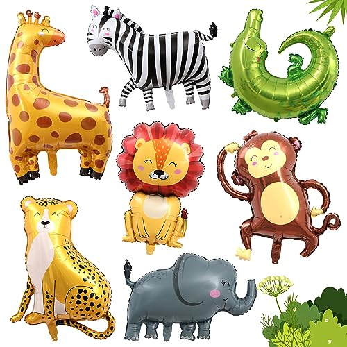Folienballon Tiere, 7 Stücke Jungle Safari Tierballons, Waldtiere Luftballon Kinder Geburtstag Deko, Helium Ballons Löwe Leopard Elefant Giraffe Zebra Affe, Tiere Ballon Party Dekorationen