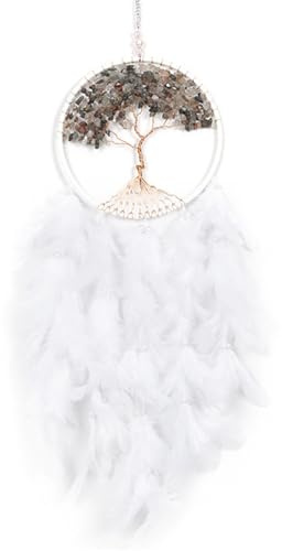 Uixxducc Traumfänger Wandbehang Baum des Lebens mit Feder Anhänger Handgefertigt Dreamcatcher Kinder Ornamente Wanddeko Geschenk für Mädchen Schlafzimmer (Weiß)