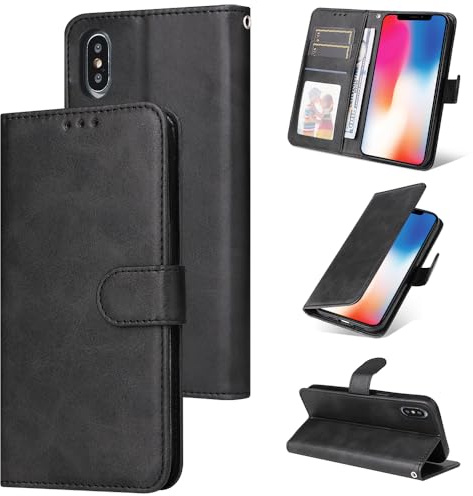 E-Lush Handyhülle für iPhone XS Hülle Leder PU, Magnet Klapphülle Flip Wallet Kartenfach 360 Stoßfeste Schutzhülle für iPhone X Hülle mit Standfunktion, Schwarz