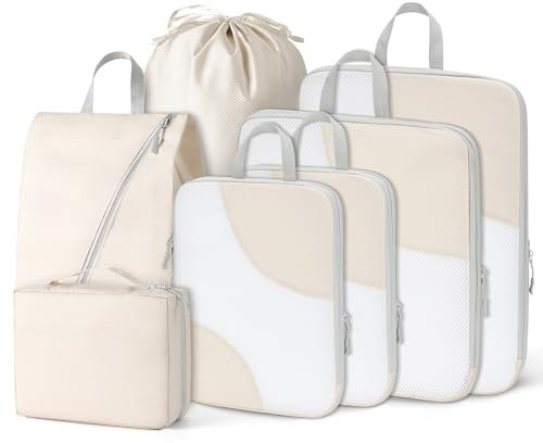 Joyoldelf Packing Cubes Compression Koffer Organizer - 7 Teiliges Packwürfel Travel Organizer für Rucksack und Koffer, Kompression Kofferorganizer packtaschen Set - Beige