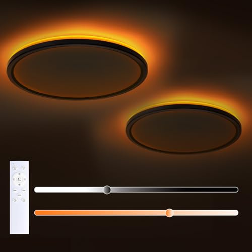 MOSSCO LED Deckenleuchte Set 2 Stück dimmbar mit Fernbedienung + 5W 1800K Nachtlicht | 3000K-6500K Farbtemperatur | 2400LM | Für Schlafzimmer & Kinderzimmer | Rund Ø29cm 24W Schwarz