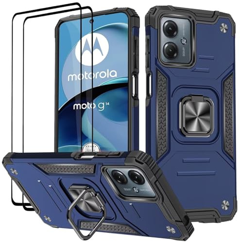 KANSi Funda para Motorola Moto G14, Cristal Vidrio Templado [2 Piezas] Capa Anillo iman Soporte Hard PC y Silicona TPU Antigolpes Armor Carcasa - Azul