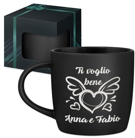 Maverton Tazza da caffelatte o tè in ceramica - 400 ml - Incisione personalizzata - Tazze da colazione per bevande per anniversario - Bicchiere con manico per una coppia - Interno nero - amore