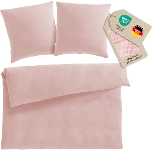 Pure Label Musselin Bettwäsche 200x220+2x80x80 cm - Rosa | Traumhaft weiche, kuschelige Bettwäsche-Sets aus Musselin - 40° Waschbar