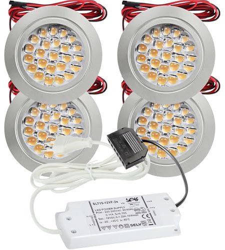 Lichtfaktor24 4er Set LED Möbel Einbaustrahler 12V ultra flach 2.4W Einbauleuchten Mira 190lm mit LED Trafo und 230V Zuleitung 4000k Neutralweiß Lochausschnitt: 58 bis 60mm Silber Plug and Play Spots