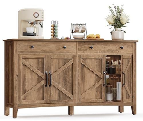 VASAGLE LIRY Collection - Buffet Cabinet, Coffee Bar Cabinet with 2 Drawers, Adjustable Shelves, Sideboard Storage with Cable Holes, Drawer Dividers, Honey Brown UBBK381K01