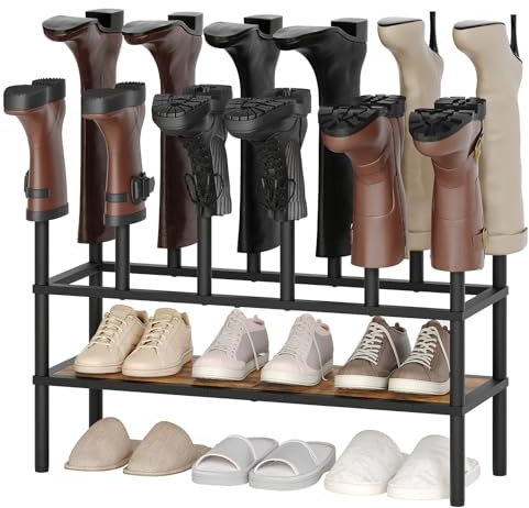 YATINEY Shoe and Boot Rack Organizer, Tall Boots Rack for Closet, Cowboy Shoes Storage, 3 Tier Shoe Racks Organizer Holds 10 Pairs, Black and Rustic Brown SS09BRY1