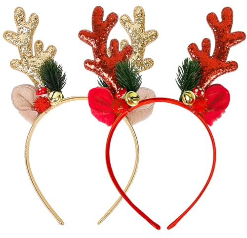 2 StüCk Weihnachten Geweih Haarreif, Geweih-Stirnband mit Glöckchen, Rentier Geweih Stirnband, Glitzer Weihnachten Haarreif, Weihnachts Kopfschmuck Damen, Weihnachts-Stirnbänder, Weihnachts Party