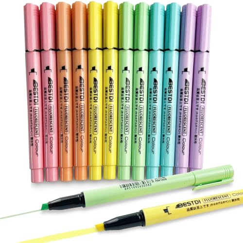 YOSKAEDI överstrykningspenna pastellset, 12 färger dubbelspets bibel märkpenna lysande penna No Bleed, highlighter pen pastell markörer, skolmaterial och aesthetic skolsaker