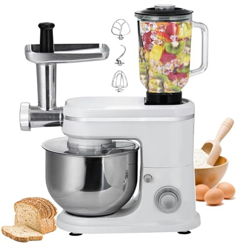WOTZOV Batidora eléctrica 3 en 1 con Base | Licuadora y picadora de Carne | Máquina de Cocina | Acero Inoxidable | Ajuste de 8 velocidades | con picadora de Carne/Varilla para Revolver/a，Blanco