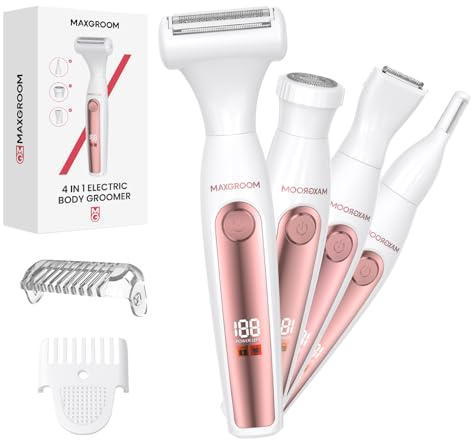MAXGROOM Rasoio Elettrico Donna, Impermeabile Depilatore Corpo Donna, Rasoio Parti Intime Kit per Viso, Corpo e Inguine con Lama Ceramica, Ricarica Rapida Type-C, Led Display