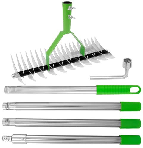 Thatch Rake for Lawns Double Sided Tines Garden Rakes Efficient Dethatcher Rake with 66.9 Inches Long Handle Versatile Grass Grooming Rakes for Weeder, Cleaning Dead Grass, Loosening Soil