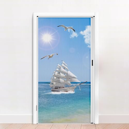 Jievmrs Falttür Innenliegende, Einziehbare Fliegengittertür mit Vlies, Falttüren für Schränke/Provisorische Türen mit Segelbootmuster, Bausatz für Schiebetüren mit Aluminiumrahmen(32x80in(81x203cm))