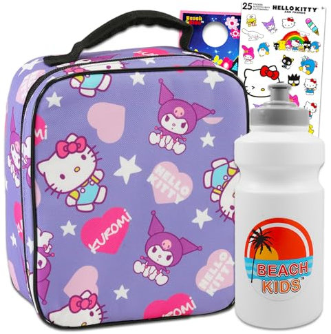 Kuromi - Lonchera para niñas, paquete con bolsa de almuerzo Sanrio con calcomanías de Hello Kitty y Kuromi Plus, botella de agua, juego de lonchera para niños de Hello Kitty and Friends