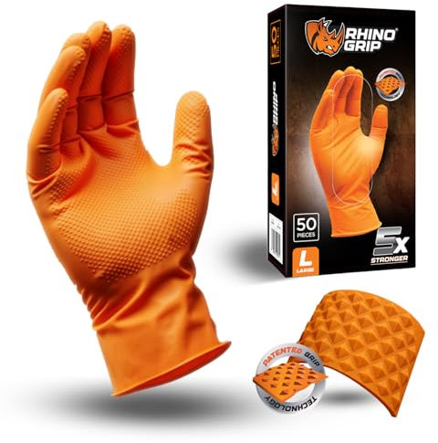 RHINO GRIP Nitrile Gloves - Disposable Gloves, Diamond Grip Orange Gloves - Powder-free & Latex Free Nitrile Gloves, Extra Thick & Ultra Tough Gloves (1, Extra Large)