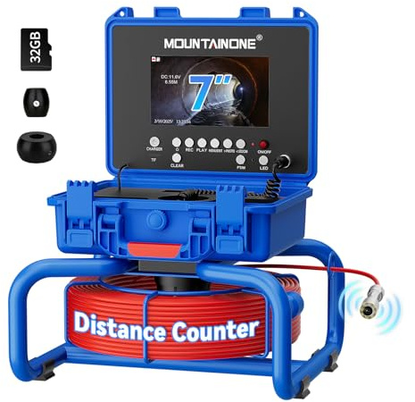 MOUNTAINONE Rohrkamera 30M mit Licht, Kanalkamera mit 512Hz Sender & Meterzähler, 7 IPS Monitor Endoskopkamera mit DVR Aufnahme Wasserdichtes IP68 für Klempner, inkl. 32GB SD-Karte