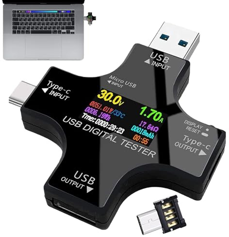 USB Tester, USB C Tester Power Meter 2 in 1, 3.6-32V 0-5.1A Current Testers Meter, Voltmeter Voltage Capacity Testers, Battery Capacity Ammeter, Data Line, Mobile Power Charger Detector (Black)