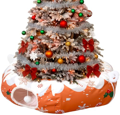 Aliceset Weihnachtskatzentunnelbett für Indoor-Katzen, 91 x 91 x 25 cm, Katzen-Donut-Tunnel mit waschbarem Kissen, Weihnachts-Haustierspielzeug für kleine Kätzchen, Kätzchen