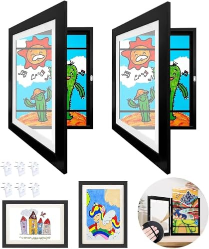 2 Stück Kunstfotorahmen für Kinder,A4 Scharnierter Bilderrahmen Holz,Befüllbar Fotorahmen zum öffnen,Frontöffnung für Kunstwerke,Ideal für Kunstprojekte,Kinderzeichnungen,Zuhause oder Büro,Schwarz
