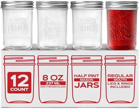 FORJARS® Premium Mason Jars with Lids – 8oz | Regular Mouth Canning Jars | 12-Pack Glass Jars for Jam, Jelly, Pickling, Food Storage, Freezer Safe, Airtight Bulk Set