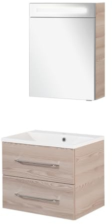 FACKELMANN B.Clever 3-teiliges Badmöbel-Set – Waschtischunterschrank, Gussmarmorbecken & Spiegelschrank mit LED, Holzoptik Alaska Esche – Made in Germany