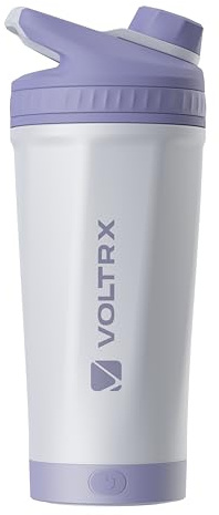 VOLTRX ChillMix Bouteille shaker isotherme en acier inoxydable – Mélangeur électrique rechargeable par USB C pour boissons protéinées et remplacement des repas, acier chromé (lilas brumeux)