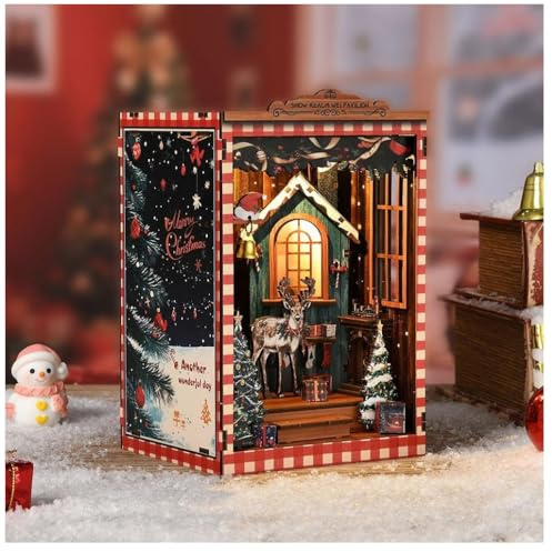Book Nook Kit, Miniature Model Build Kit,Wood Bookends Building Model Puzzle Toy with LED Light,Snow Realm Wei Pavilion 3D Wooden Puzzle Craft Deco for Home Office Decor
