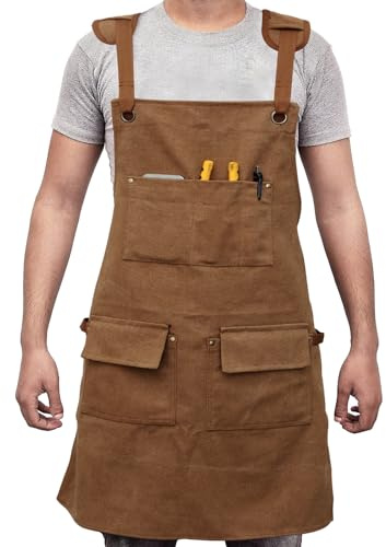 YUNYOUC Woodworking Apron with 5 Tool Pocket, Heavy Duty Waterproof Oxford Cloth Workshop Tool Aprons, Adjustable Cross Strap Men Housework Apron for M-XXL Men Women Painting (Camel)