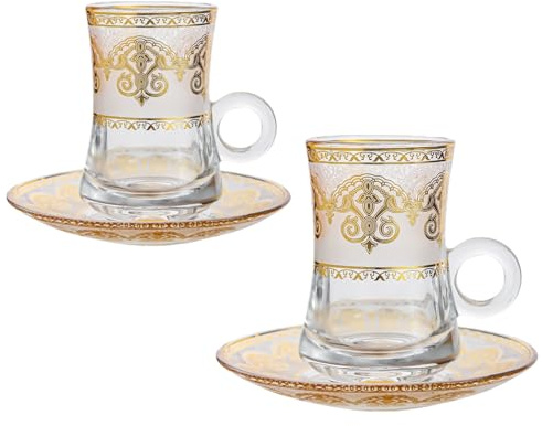 Vasos y platillos de té turco, tazas de café expreso con patrón dorado en relieve, juego de tazas de té para beber de cristalería, taza de vidrio de 120 ml con asa (gold B, 2pcs)