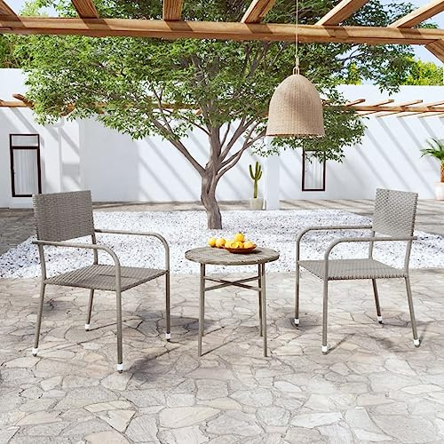 YuuSsea Salon de jardin 3 pièces en rotin synthétique gris, chaises d'extérieur empilables, table de terrasse ronde, meubles d'extérieur en osier résistant aux intempéries pour balcon, jardin, patio