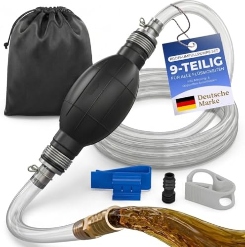 SAMGUR XL Handpumpe Umfüllpumpe 2 Meter Schlauch – Tragbare Ölabsaugpumpe & Kraftstoffpumpe mit Flüssigkeitsregler & Stöpsel – Schlauchpumpe für Wasser Benzin Diesel Öl – Inkl. Aufbewahrungstasche
