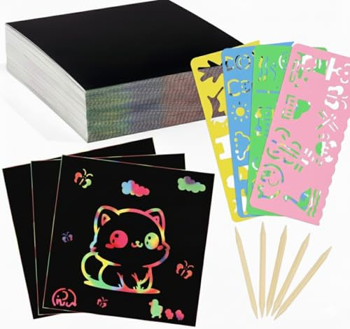 FiexGhau Kit de Dibujos para Rascar para Niños - 50 Hojas Arcoíris, 20 Lápices y 4 Plantillas Reutilizables | Juego Educativo Creativo Cumpleaños | Desarrolla Motricidad Fina | Edad 4+ Años