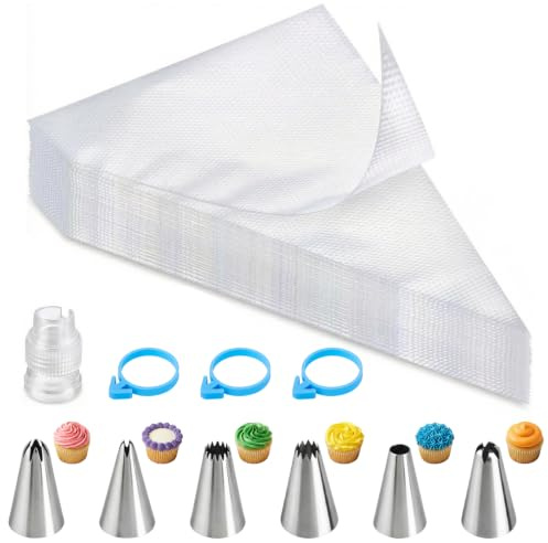 100 Pcs Disposable Piping Bags and Nozzles Set, Large Icing Bags with 6 Stainless Steel Tips, 1 Coupler & 3 Ties, Pastry Bags for Cake, Cupcake, Cookie, Macaron Decorating & Baking