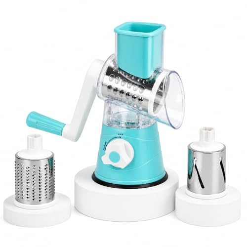 Toyana Rotary Cheese Grater with Handle, 3-in-1 Manual Vegetable Slicer and Mandoline Shredder for Fast and Easy Cutting - Multi-Functional Kitchen Grater